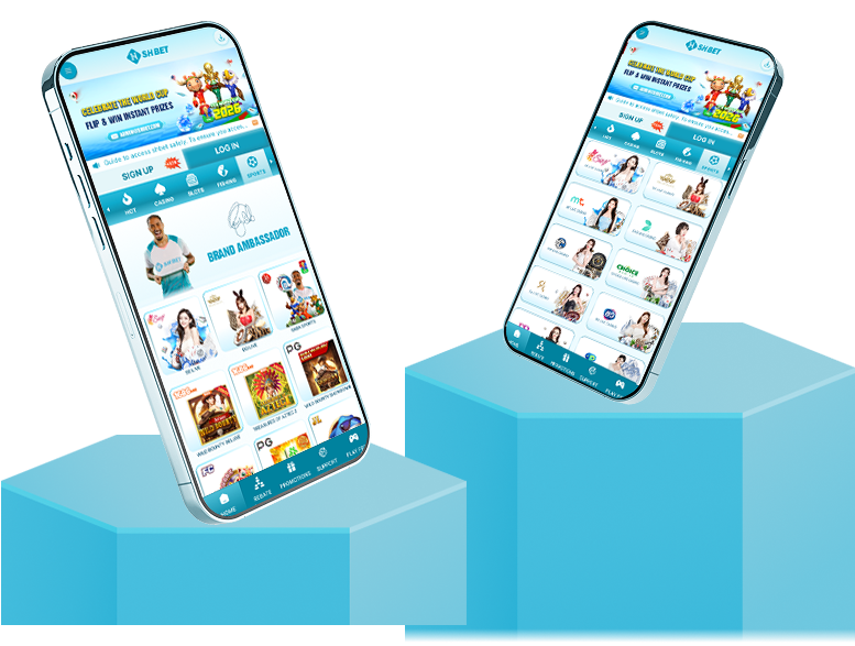 Hai điện thoại hiển thị giao diện ứng dụng SHBET