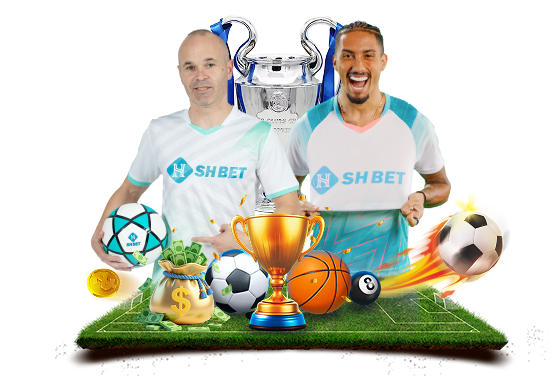 Hình thể thao SHBET với Andrés Iniesta, Raphinha, bóng và cúp